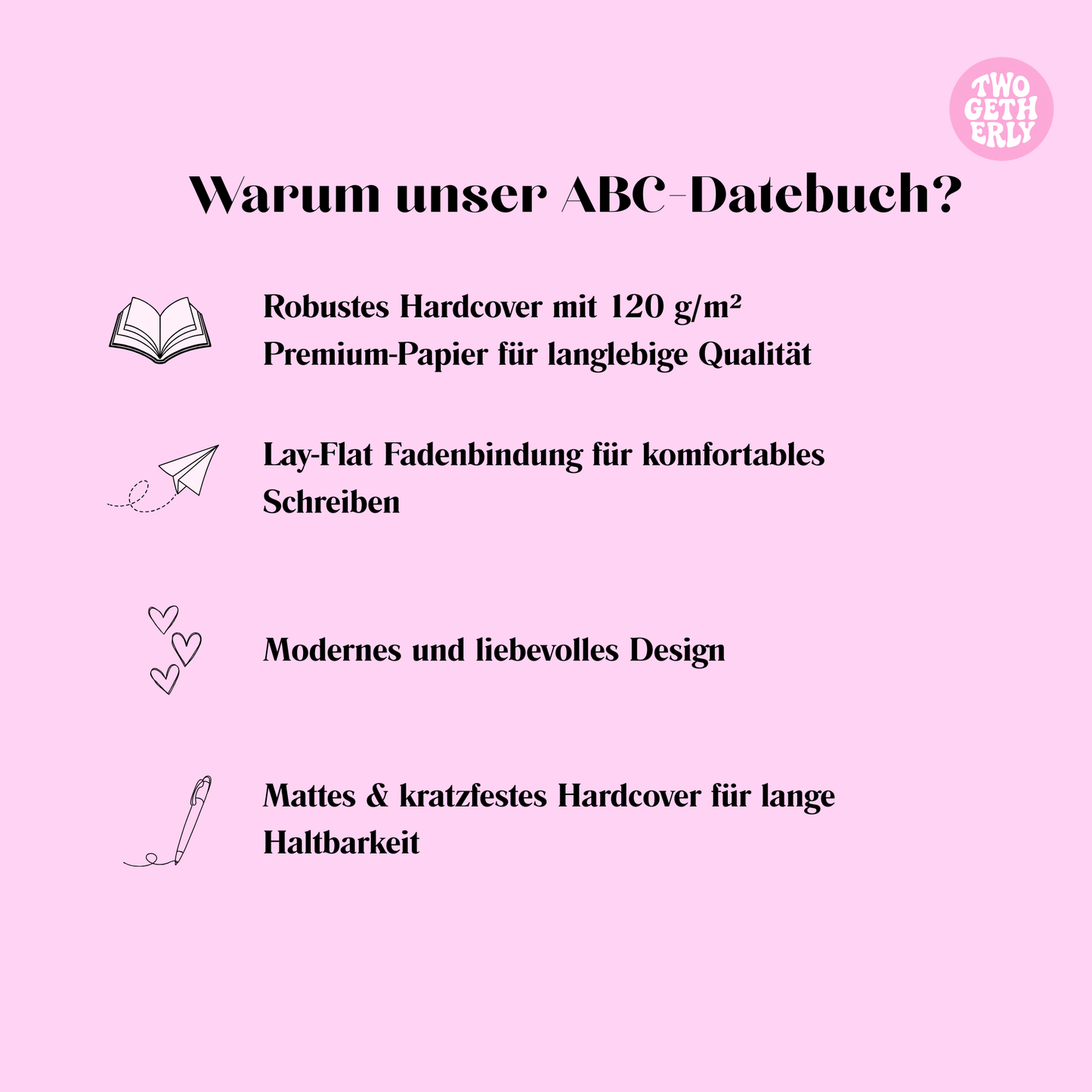 Infografik: Warum sich das ABC-Date-Buch lohnt, robustes Hardcover, Lay-Flat-Bindung, modernes Design, kratzfestes Cover